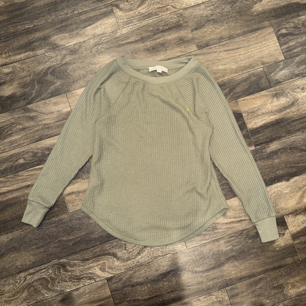 LOFT Women's XS Waffle-Knit Long-Sleeve Crew Neck T-Shirt Thermal Weave Green